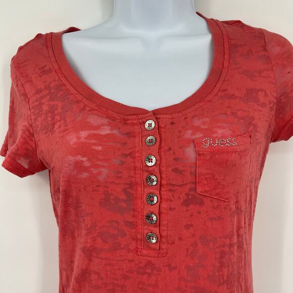 Guess Y2K Burnout Henley Womens Top Sz S Coral Sheer Coquette Grunge Bling Logo - Picture 2 of 12